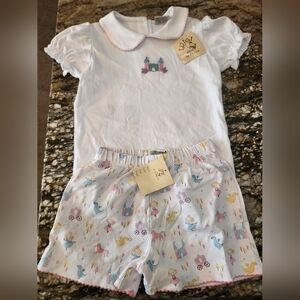 White and Pink Trim Girls' Castle Print Shorts Set